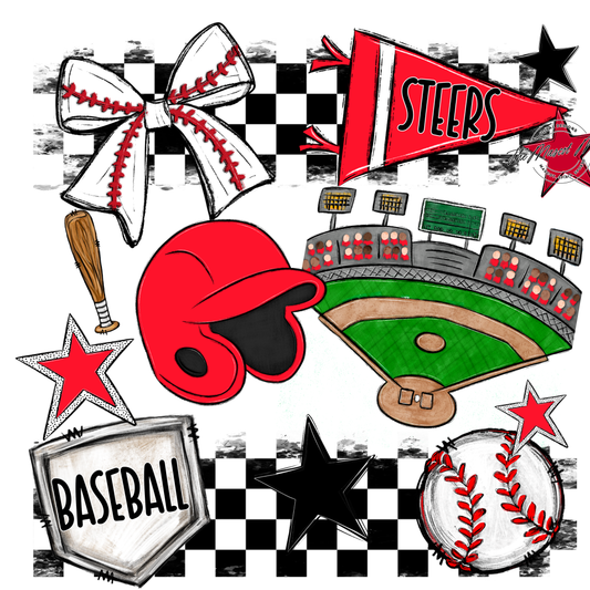 Steers Checkers Baseball Spirit Design-Bright Red