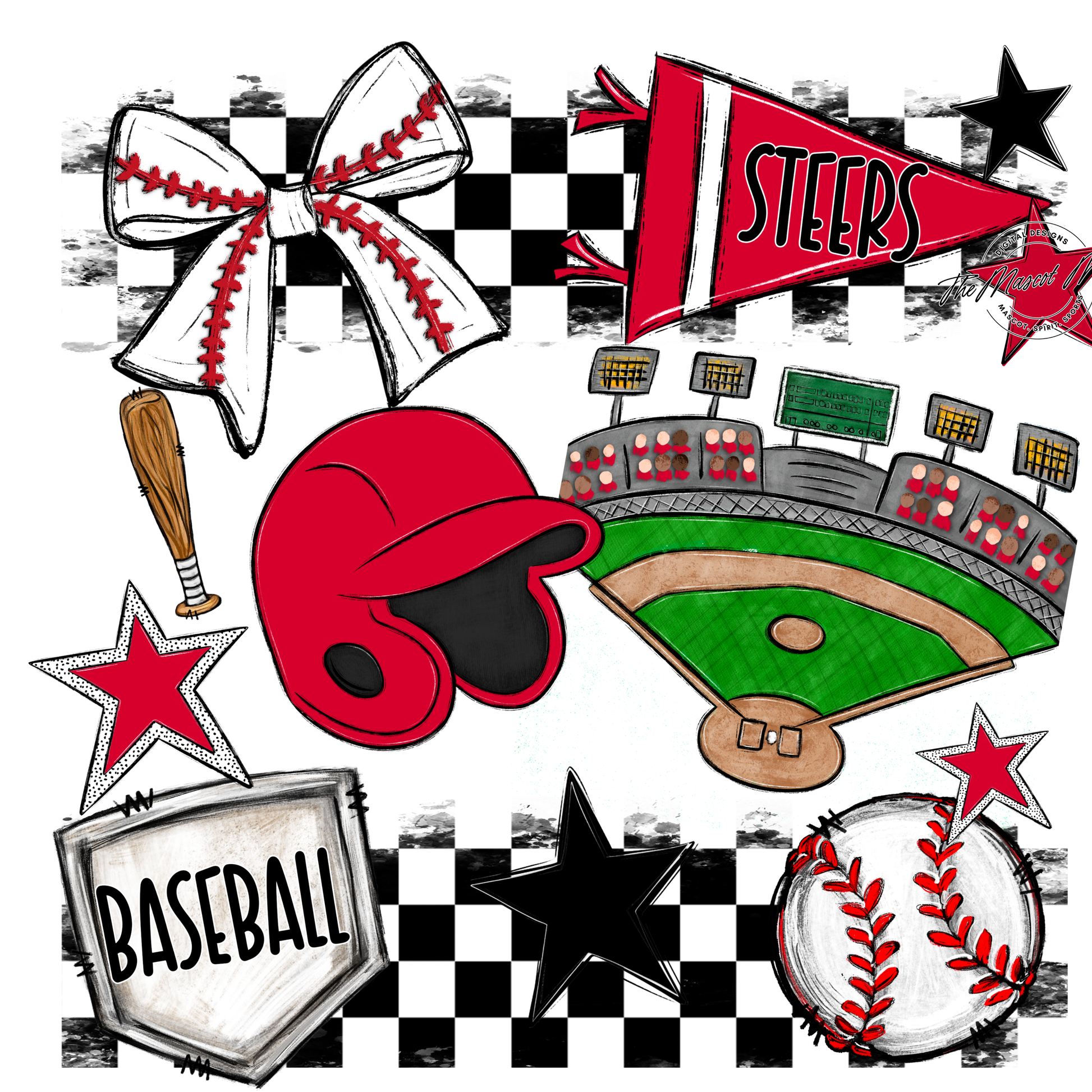 Steers Checkers Baseball Spirit Design-Red