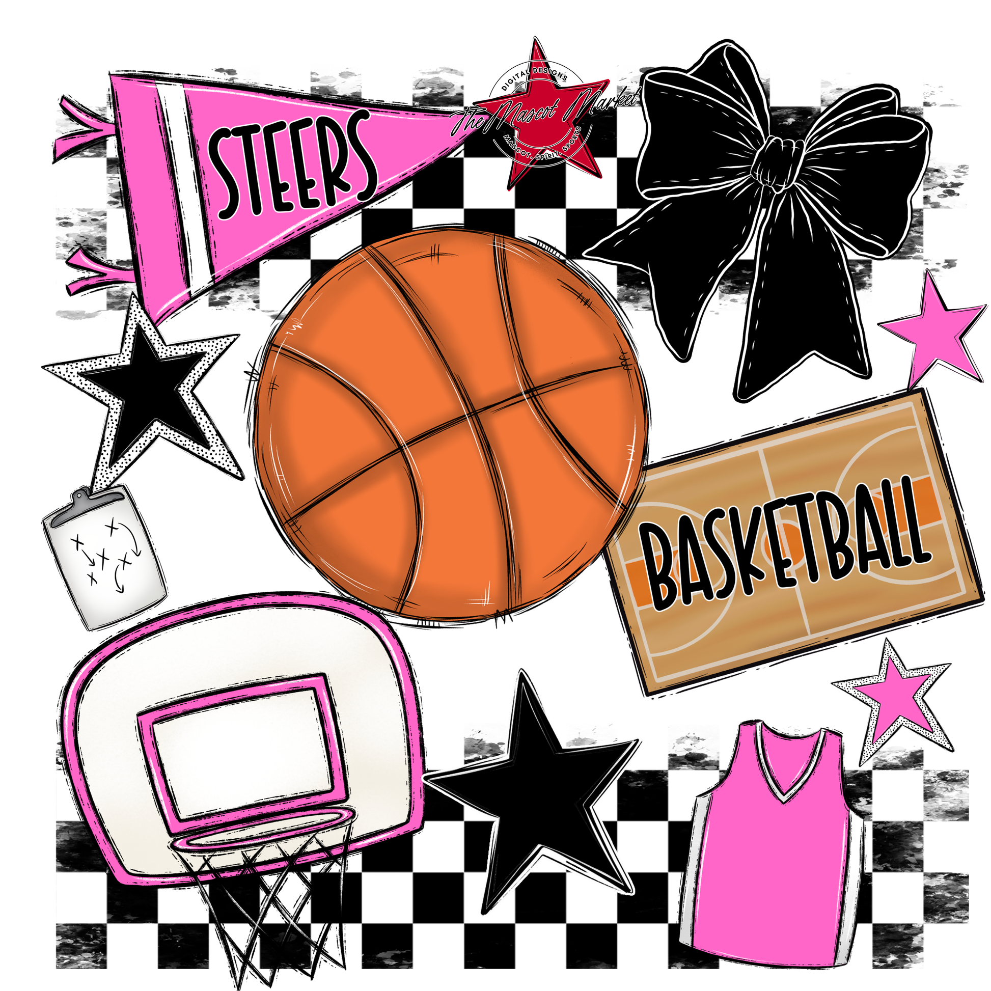 Steers Checkers Basketball Spirit Design-Baby Pink