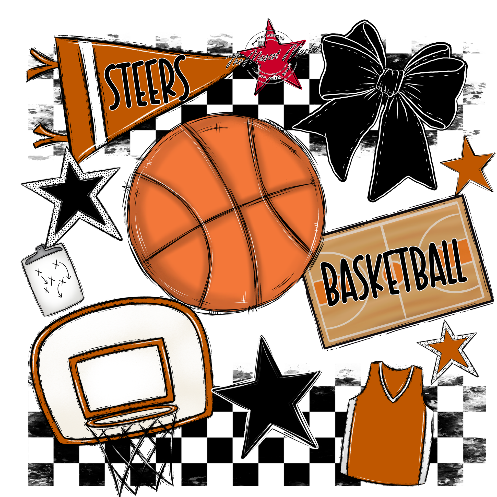 Steers Checkers Basketball Spirit Design-Burnt Orange