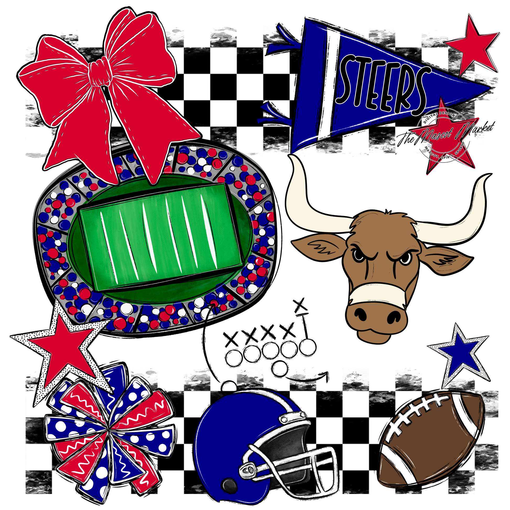 Steers Checkers Mascot Spirit Design-Blue-Red