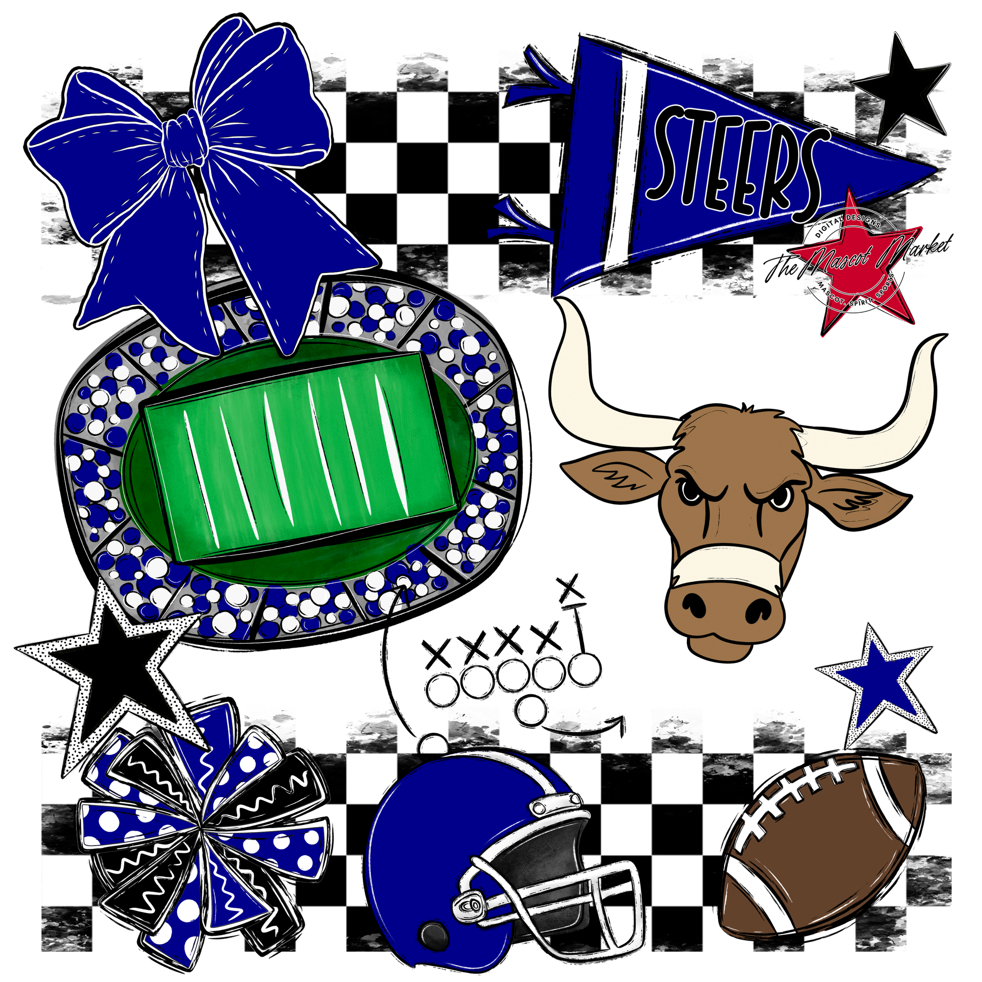 Steers Checkers Mascot Spirit Design-Blue