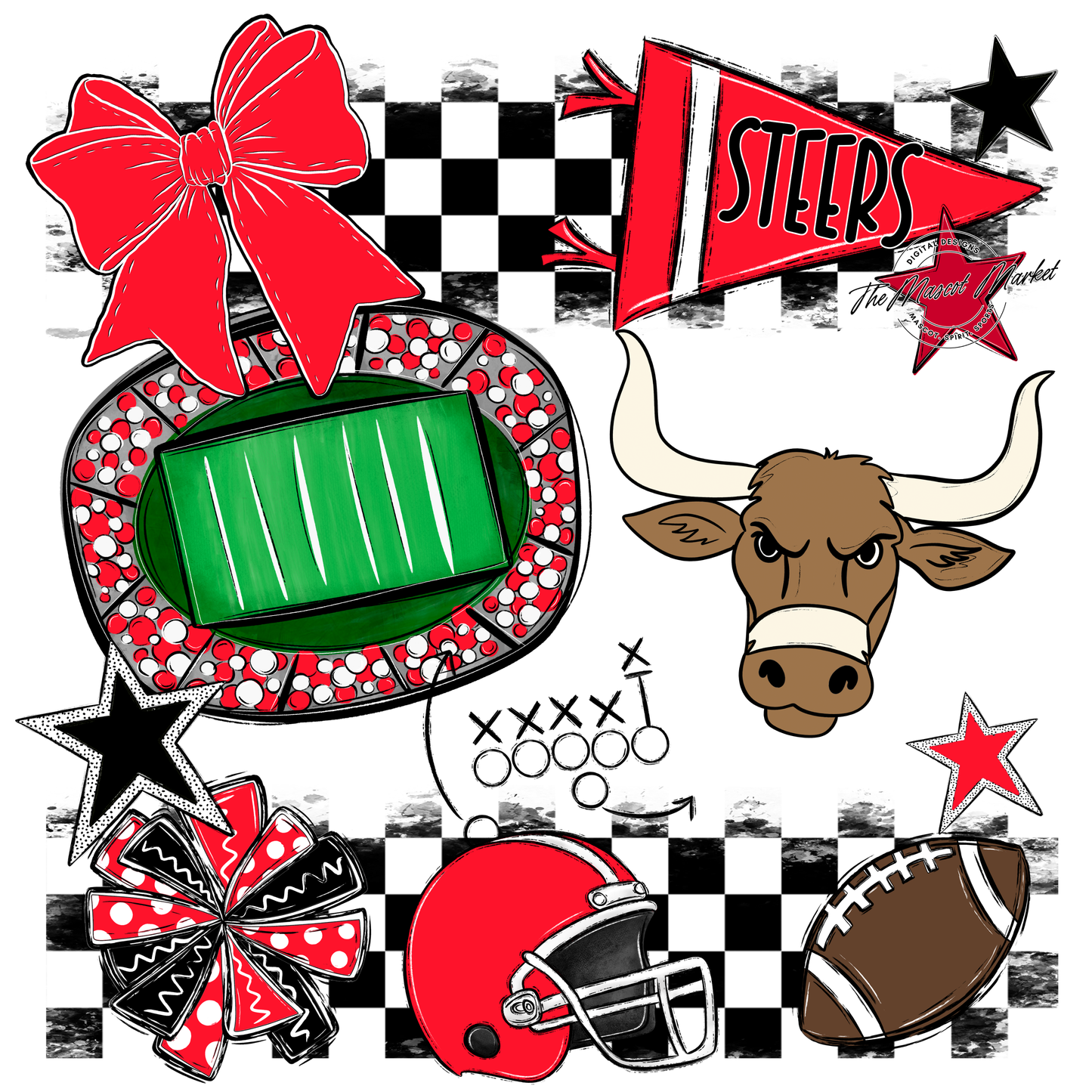Steers Checkers Mascot Spirit Design-Bright Red