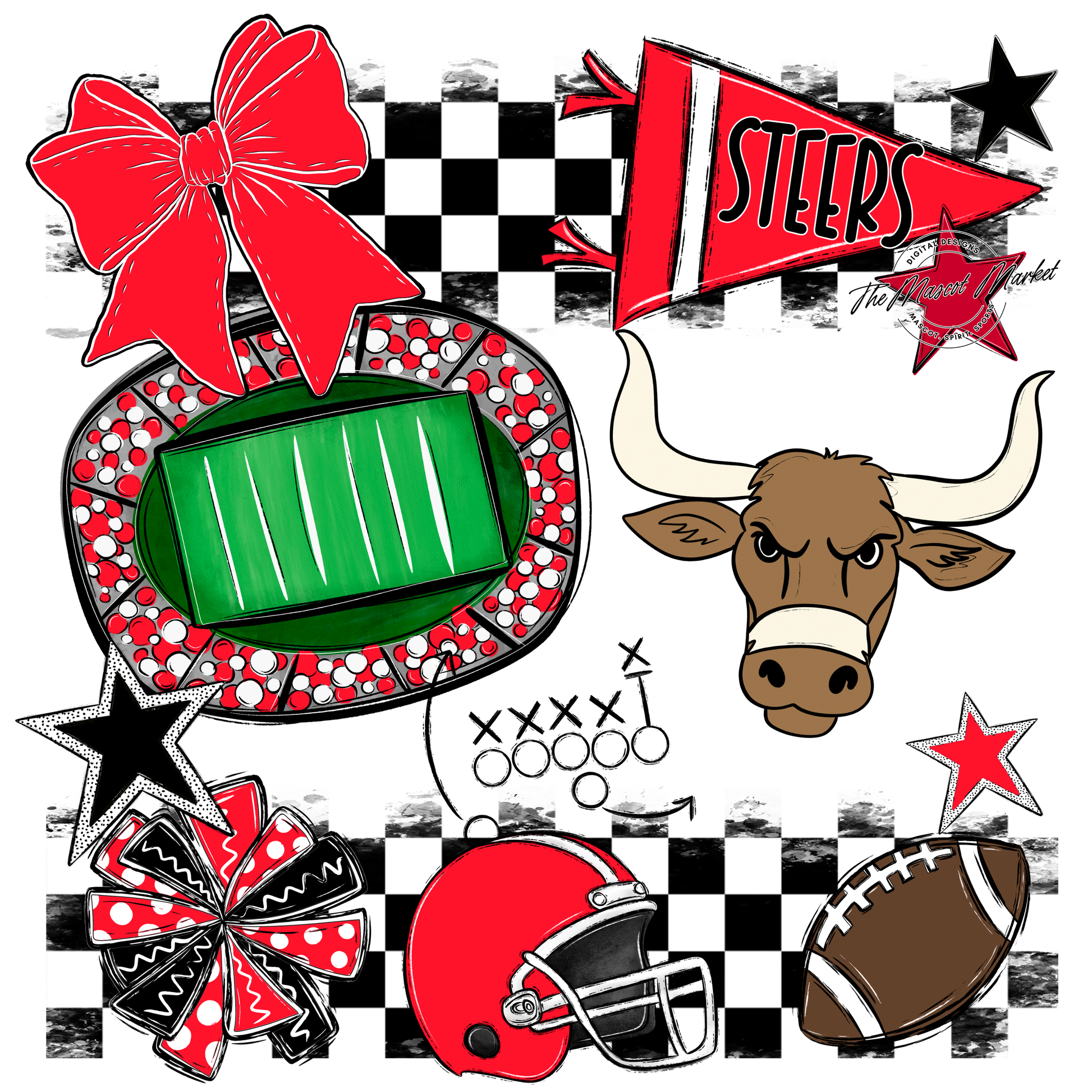 Steers Checkers Mascot Spirit Design-Bright Red