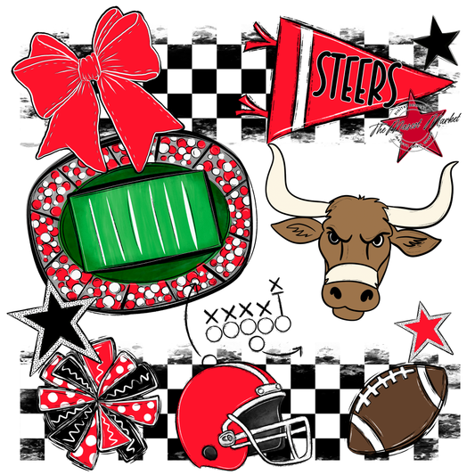 Steers Checkers Mascot Spirit Design-Bright Red