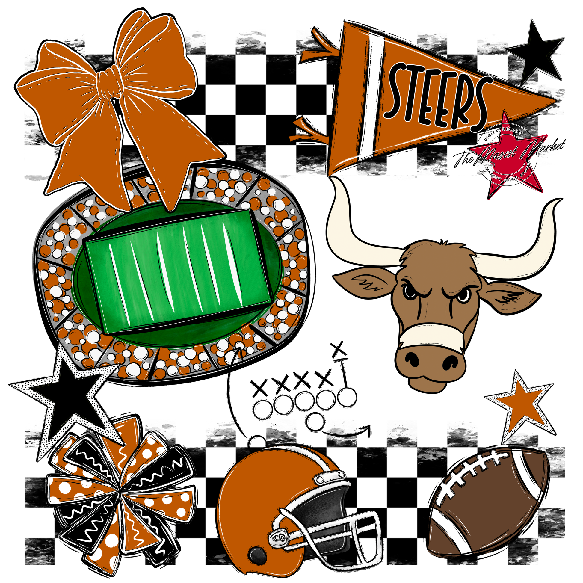 Steers Checkers Mascot Spirit Design-Burnt Orange