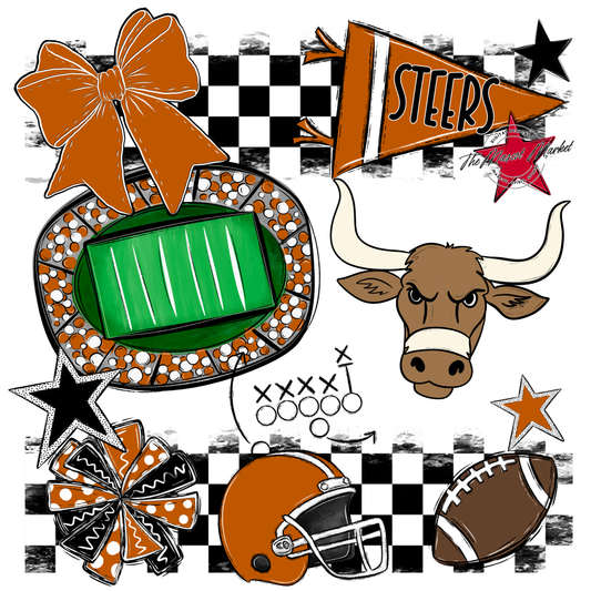 Steers Checkers Mascot Spirit Design-Burnt Orange