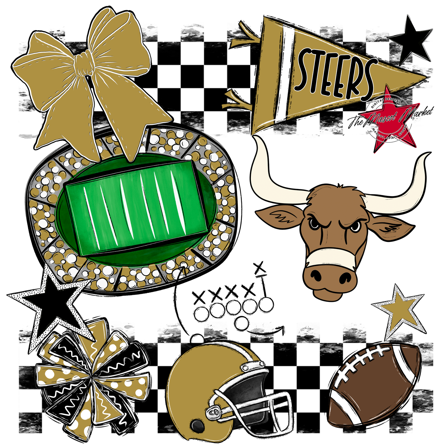 Steers Checkers Mascot Spirit Design-Gold