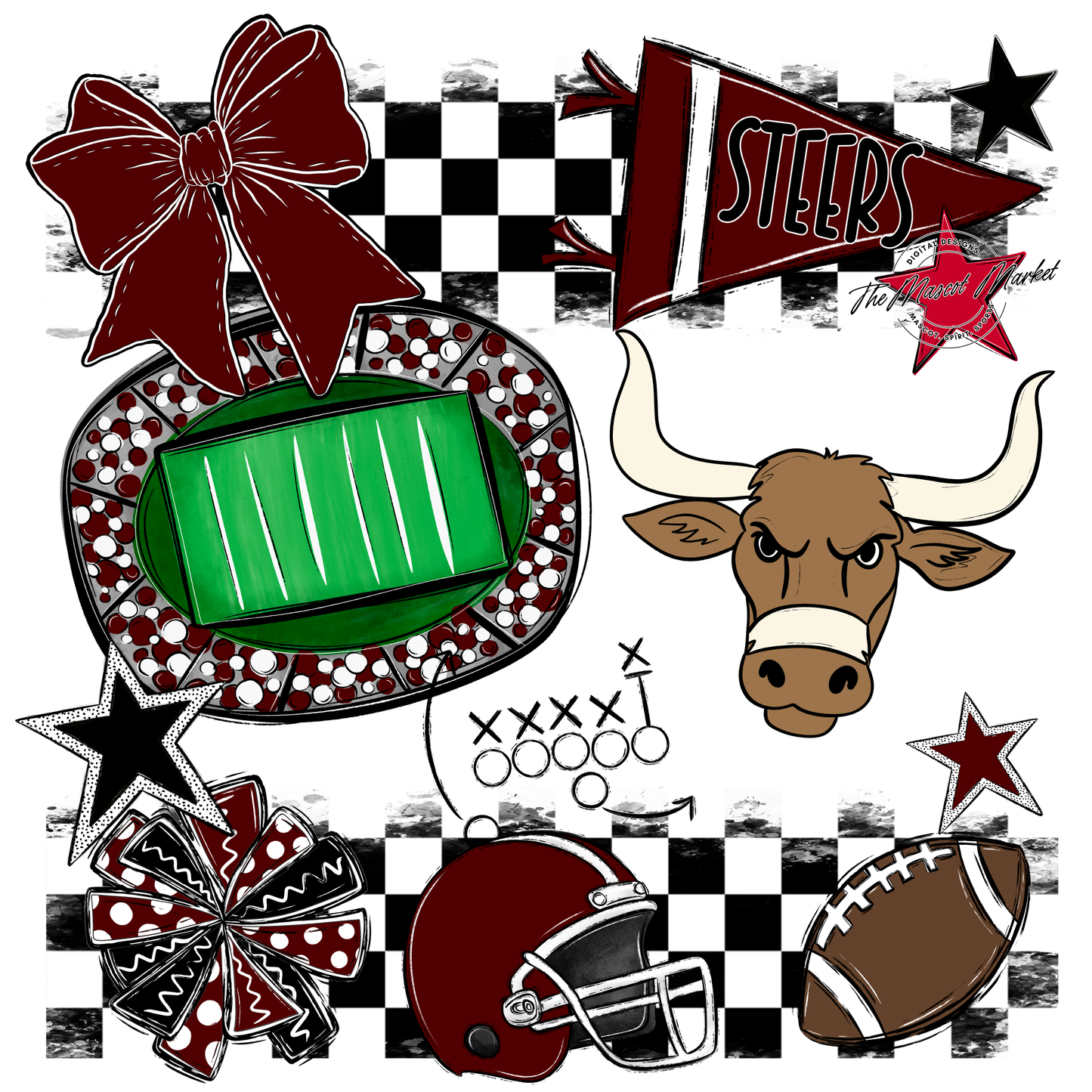 Steers Checkers Mascot Spirit Design-Maroon