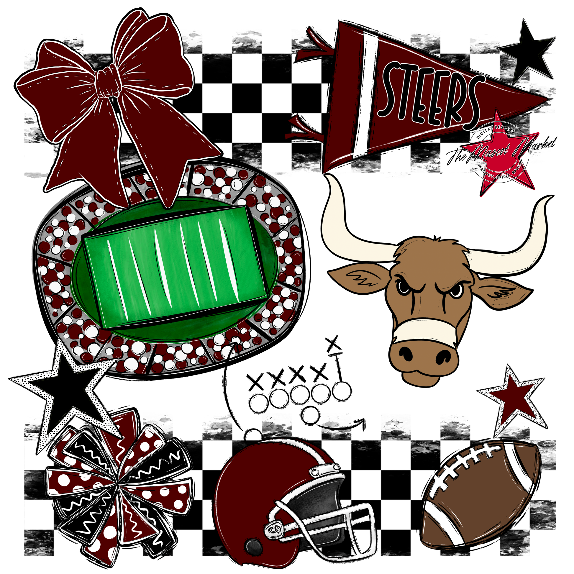 Steers Checkers Mascot Spirit Design-Maroon