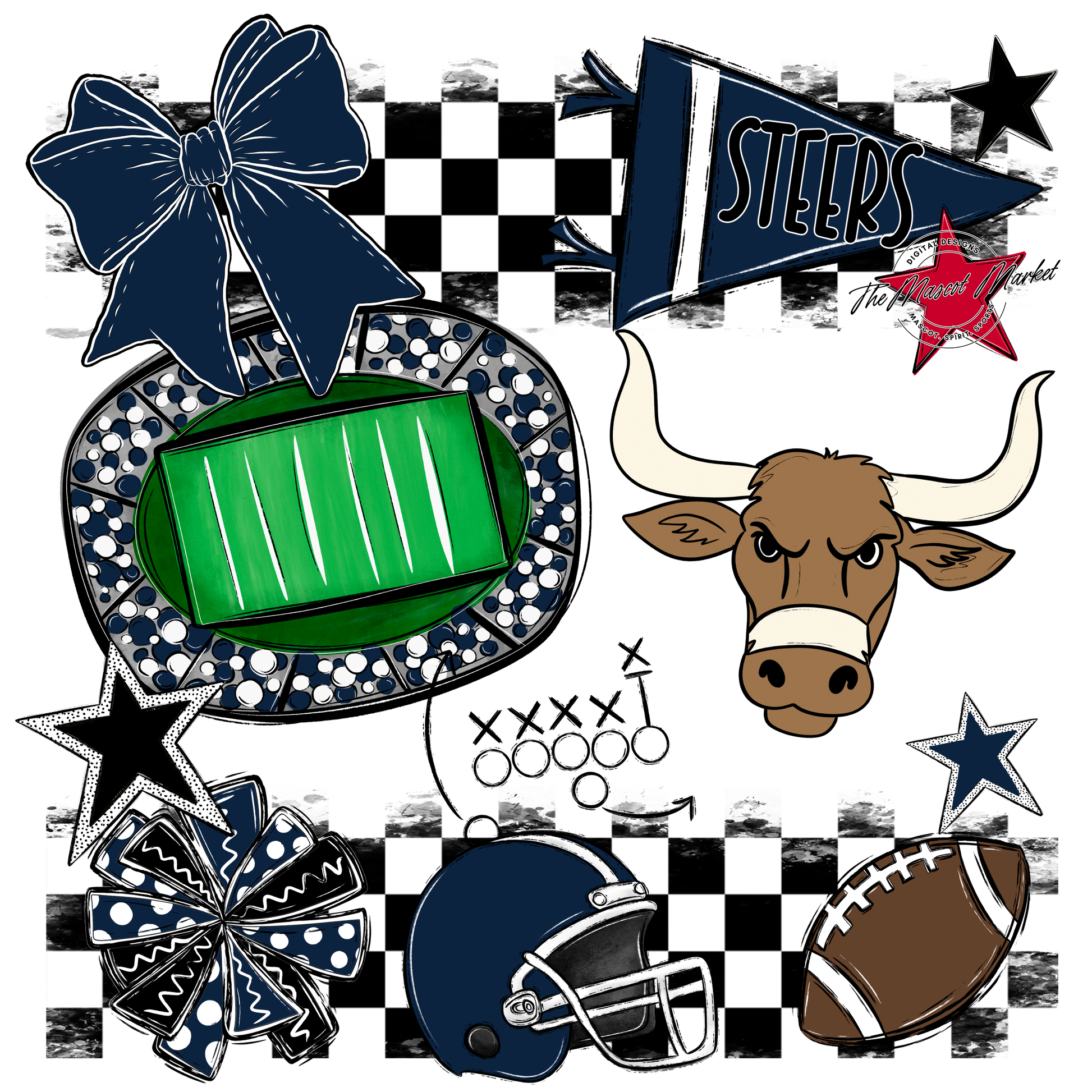 Steers Checkers Mascot Spirit Design-Navy