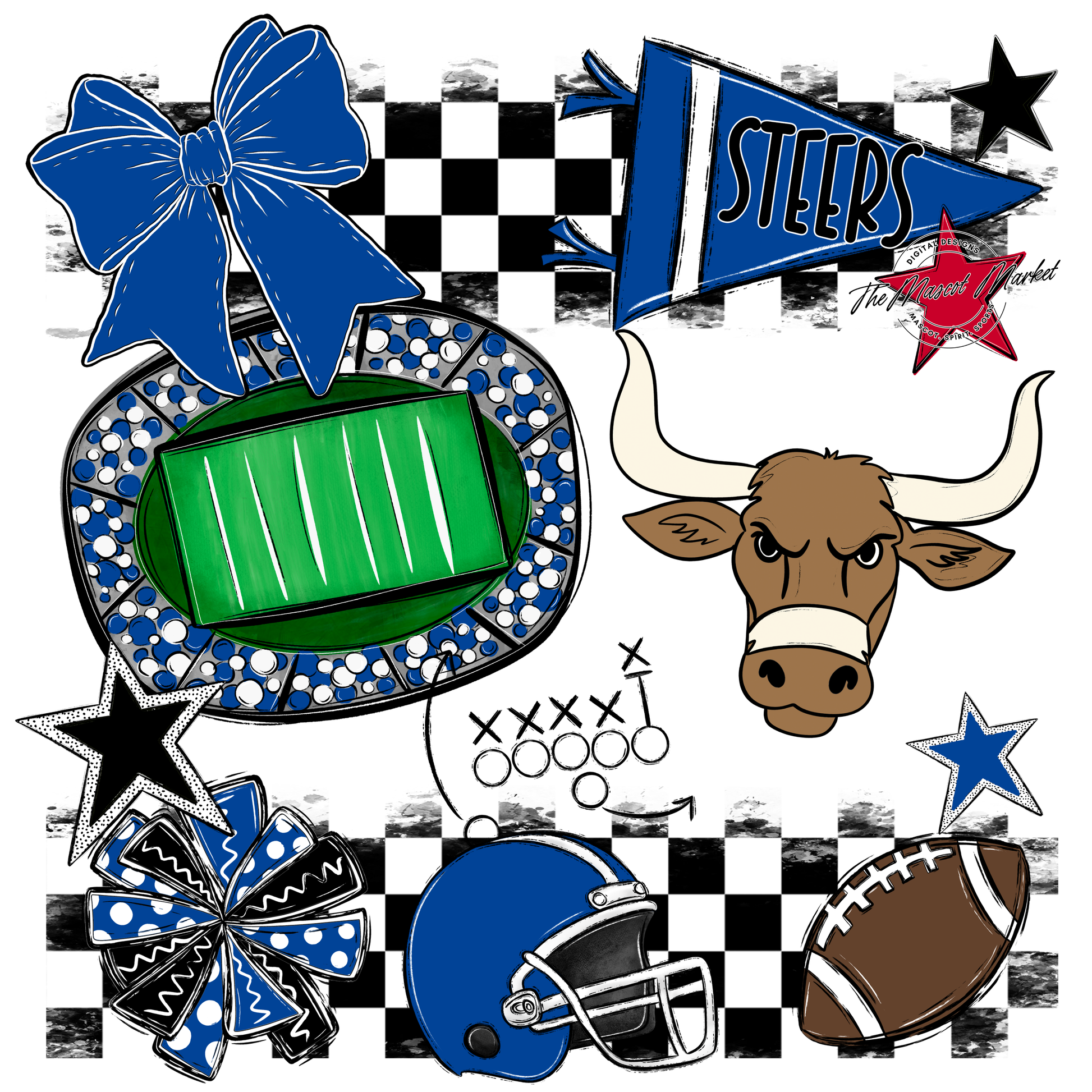 Steers Checkers Mascot Spirit Design-Off Blue