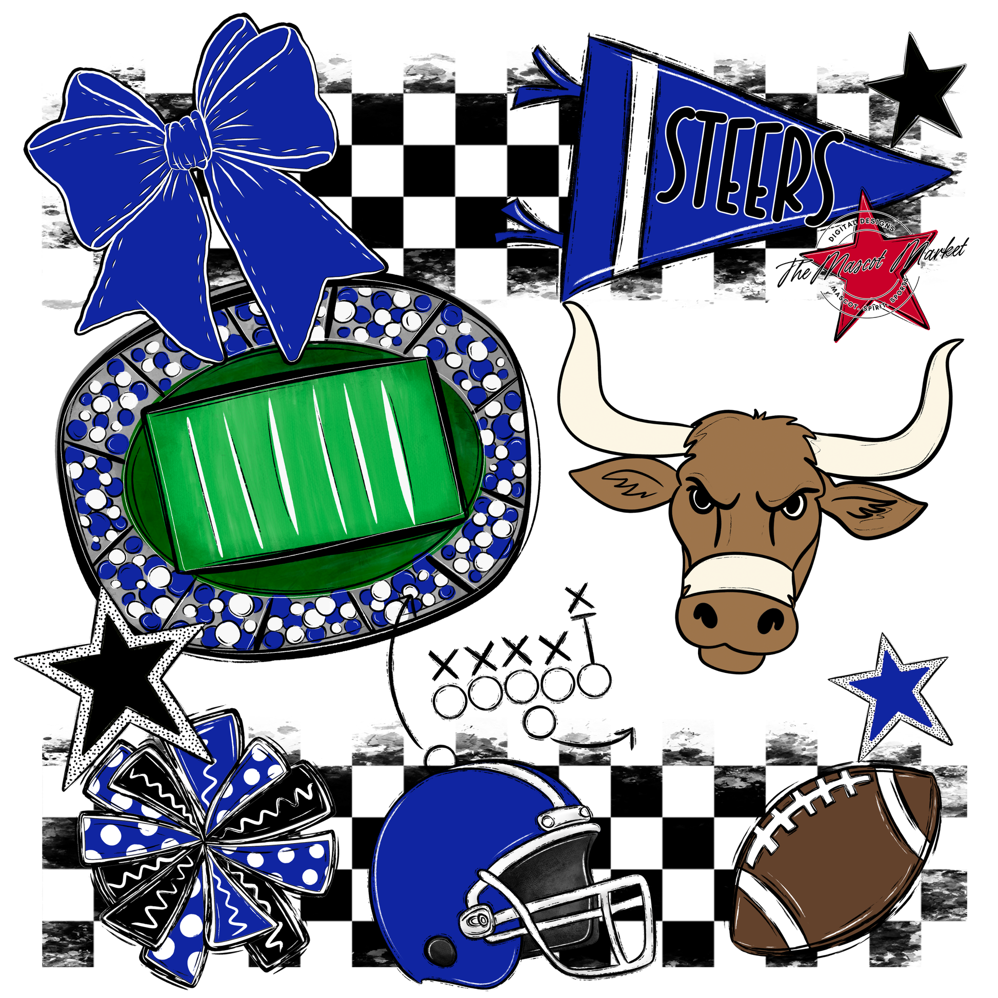 Steers Checkers Mascot Spirit Design-Royal Blue