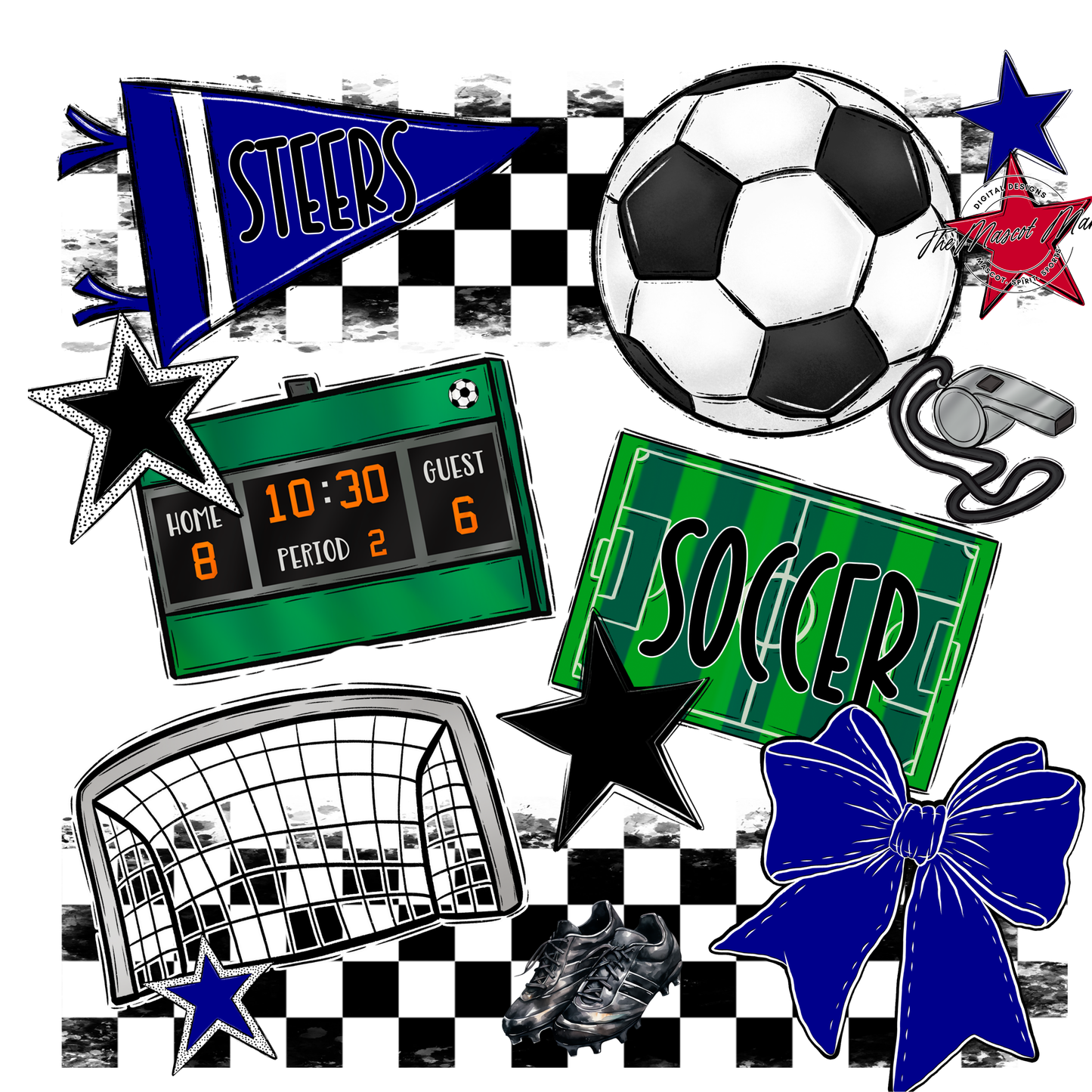 Steers Checkers Soccer Spirit Design-Blue