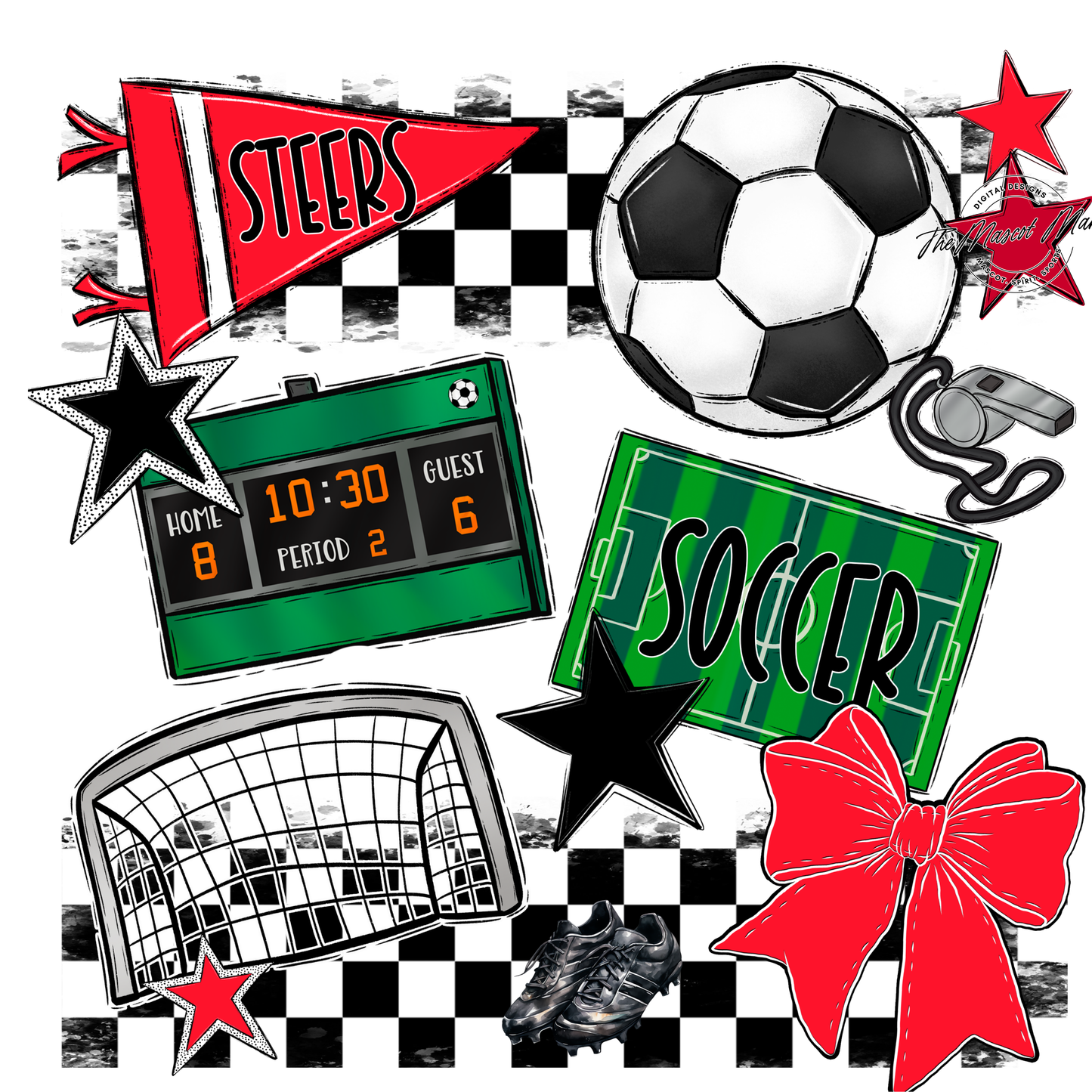 Steers Checkers Soccer Spirit Design-Bright Red