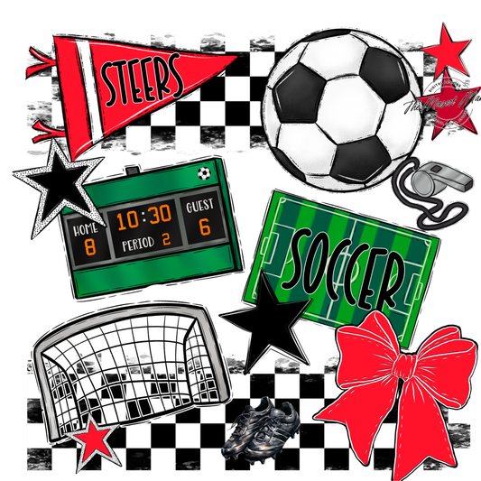 Steers Checkers Soccer Spirit Design-Bright Red