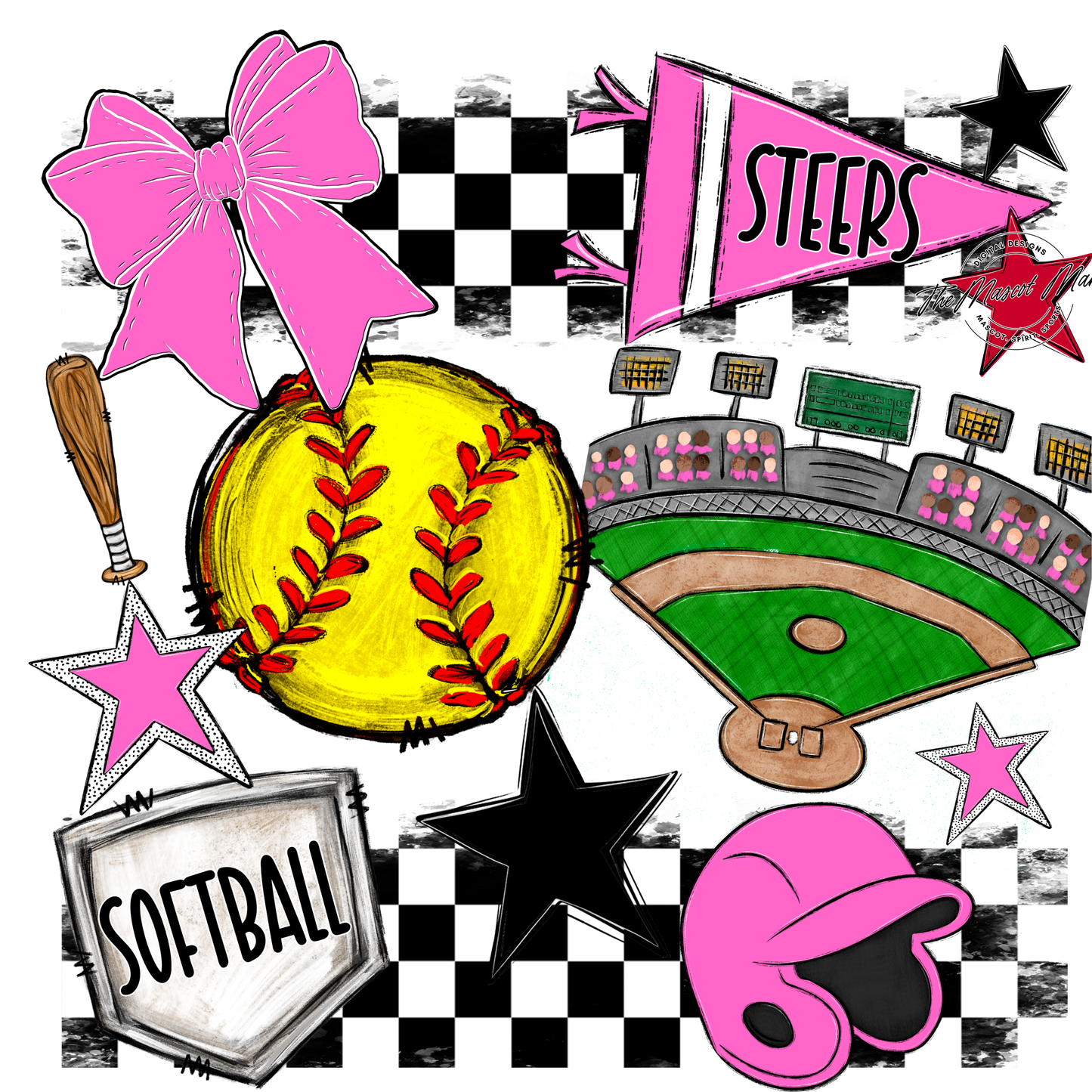 Steers Checkers Softball Spirit Design-Baby Pink