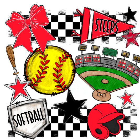 Steers Checkers Softball Spirit Design-Bright Red