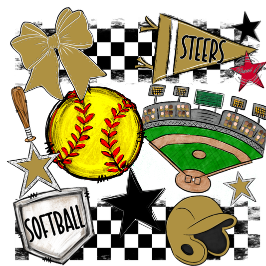 Steers Checkers Softball Spirit Design-Gold