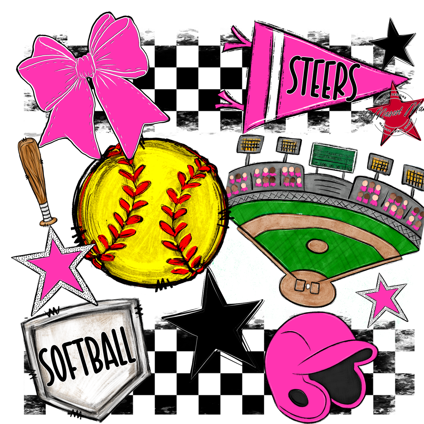 Steers Checkers Softball Spirit Design-Pink