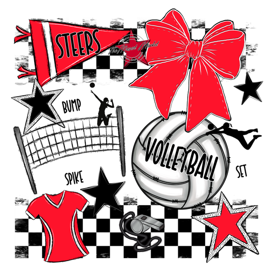 Steers Checkers Volleyball Spirit Design-Bright Red