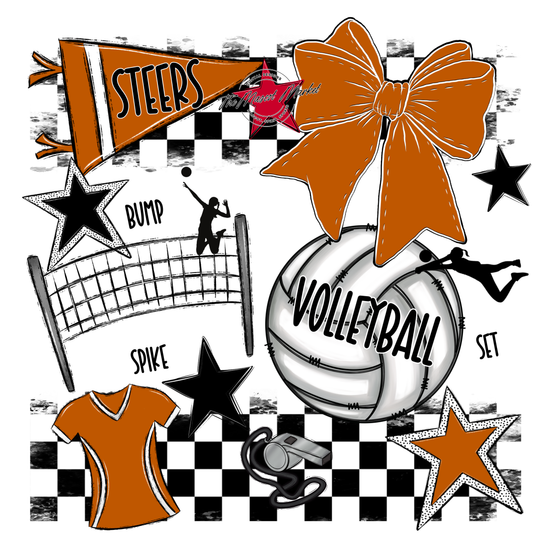 Steers Checkers Volleyball Spirit Design-Burnt Orange