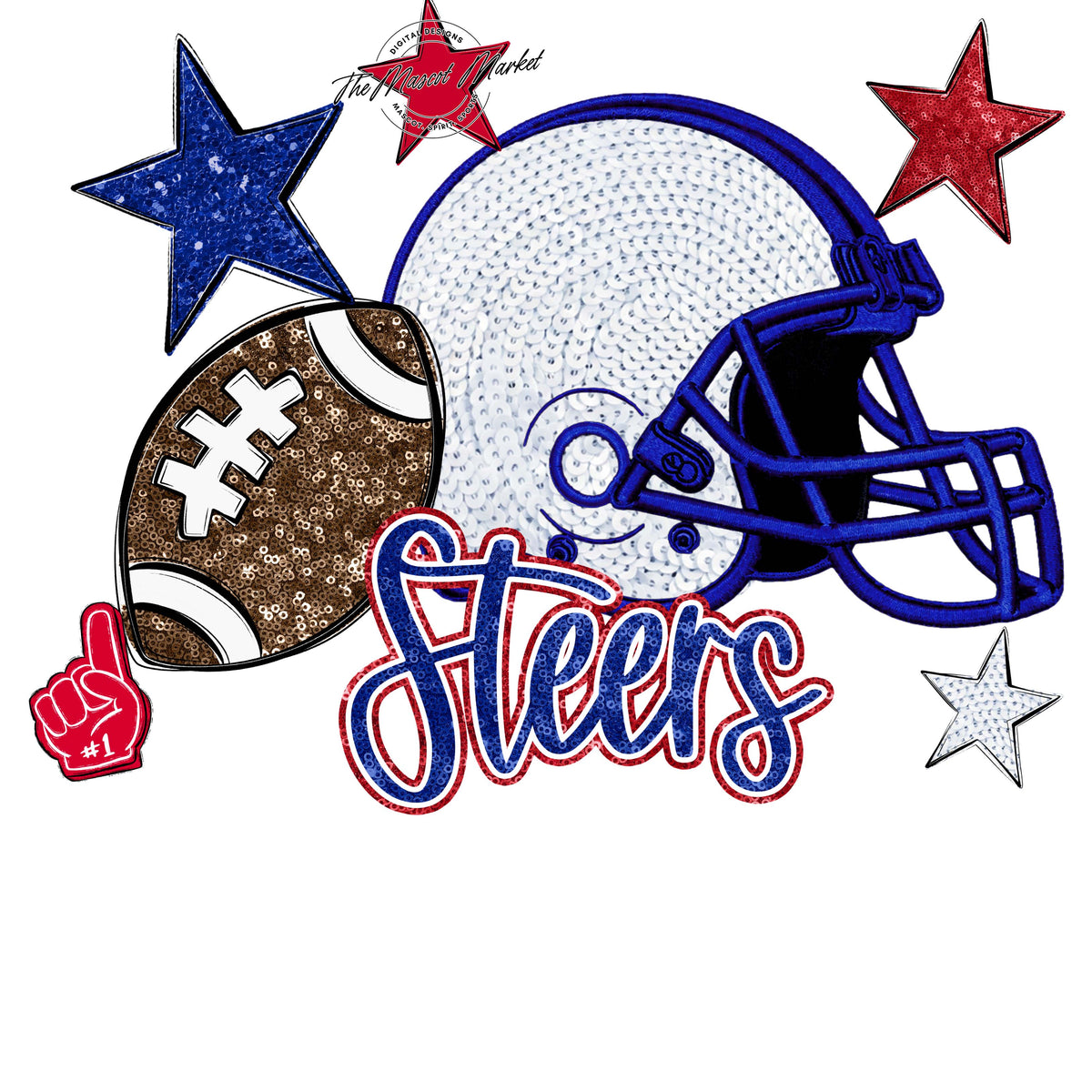 Steers Football Embroidered Sequins Design-Blue & Red