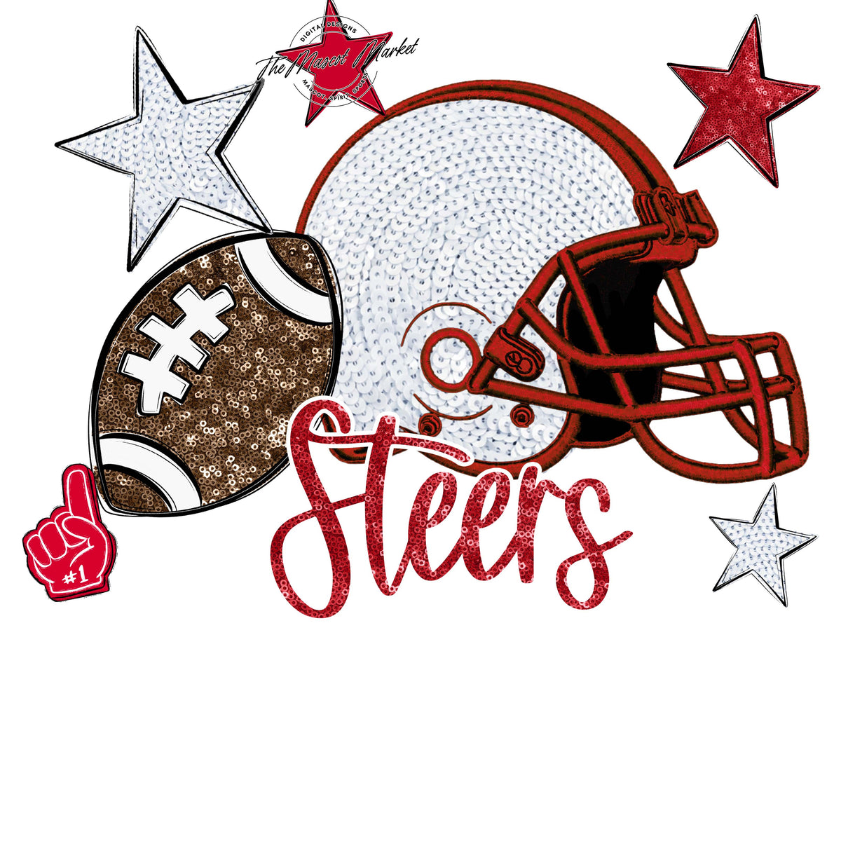 Steers Football Embroidered Sequins Design-Red