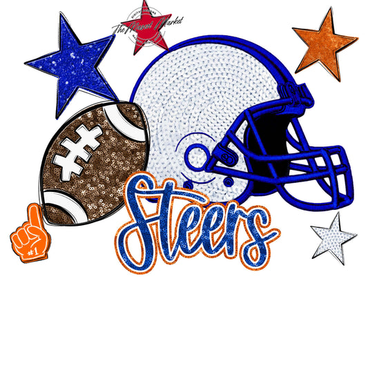 Steers Football Embroidered Sequins Design-Royal Blue & Orange