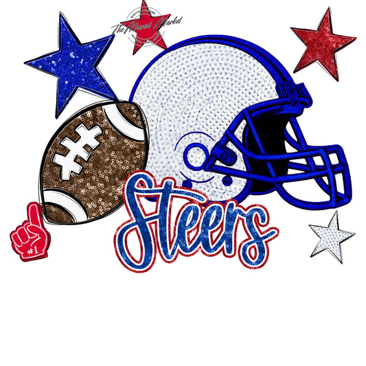 Steers Football Embroidered Sequins Design-Royal Blue & Red