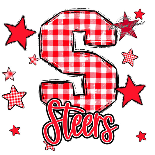 Steers Plaid Star Design-Bright Red