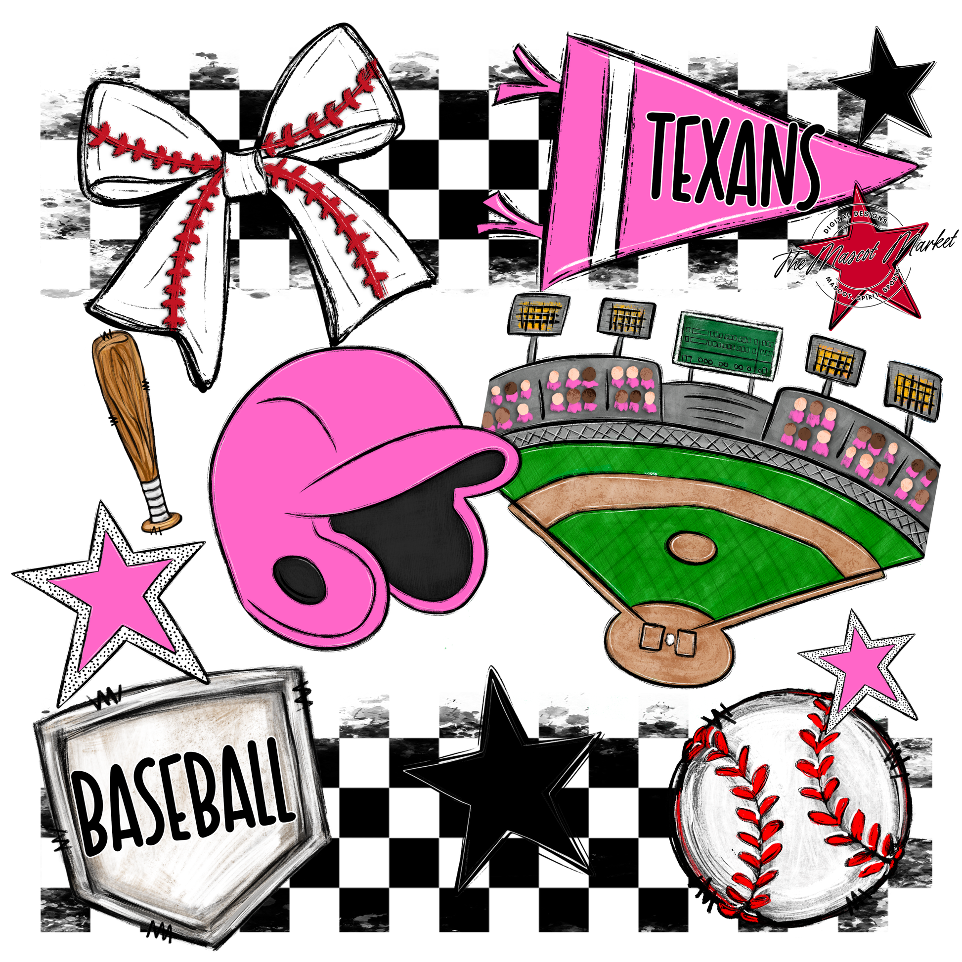 Texans Checkers Baseball Spirit Design-Baby Pink
