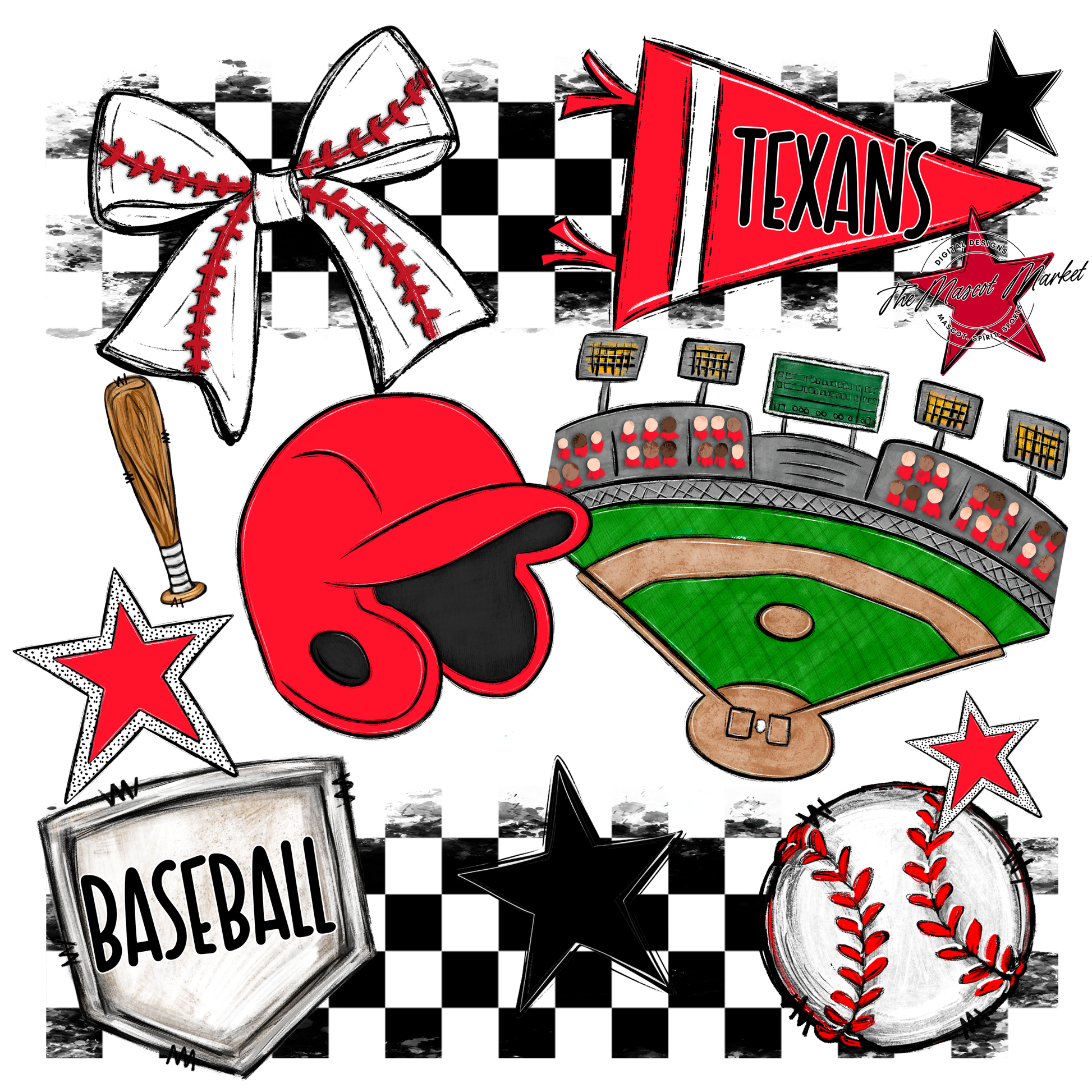 Texans Checkers Baseball Spirit Design-Bright Red