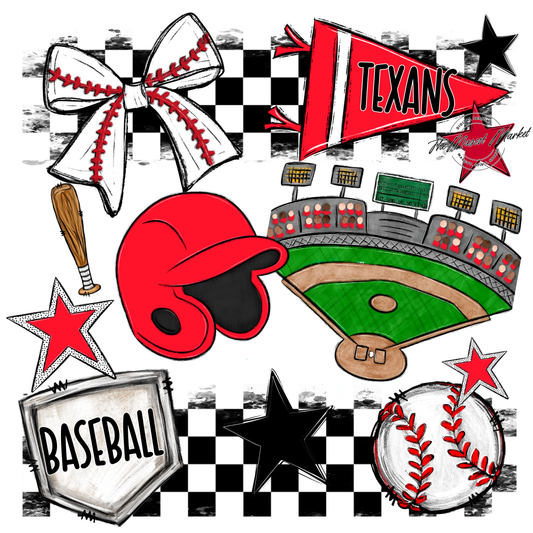 Texans Checkers Baseball Spirit Design-Bright Red