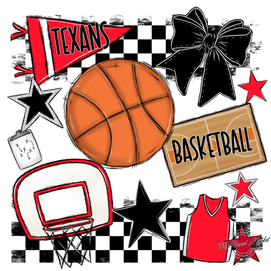 Texans Checkers Basketball Spirit Design-Bright Red