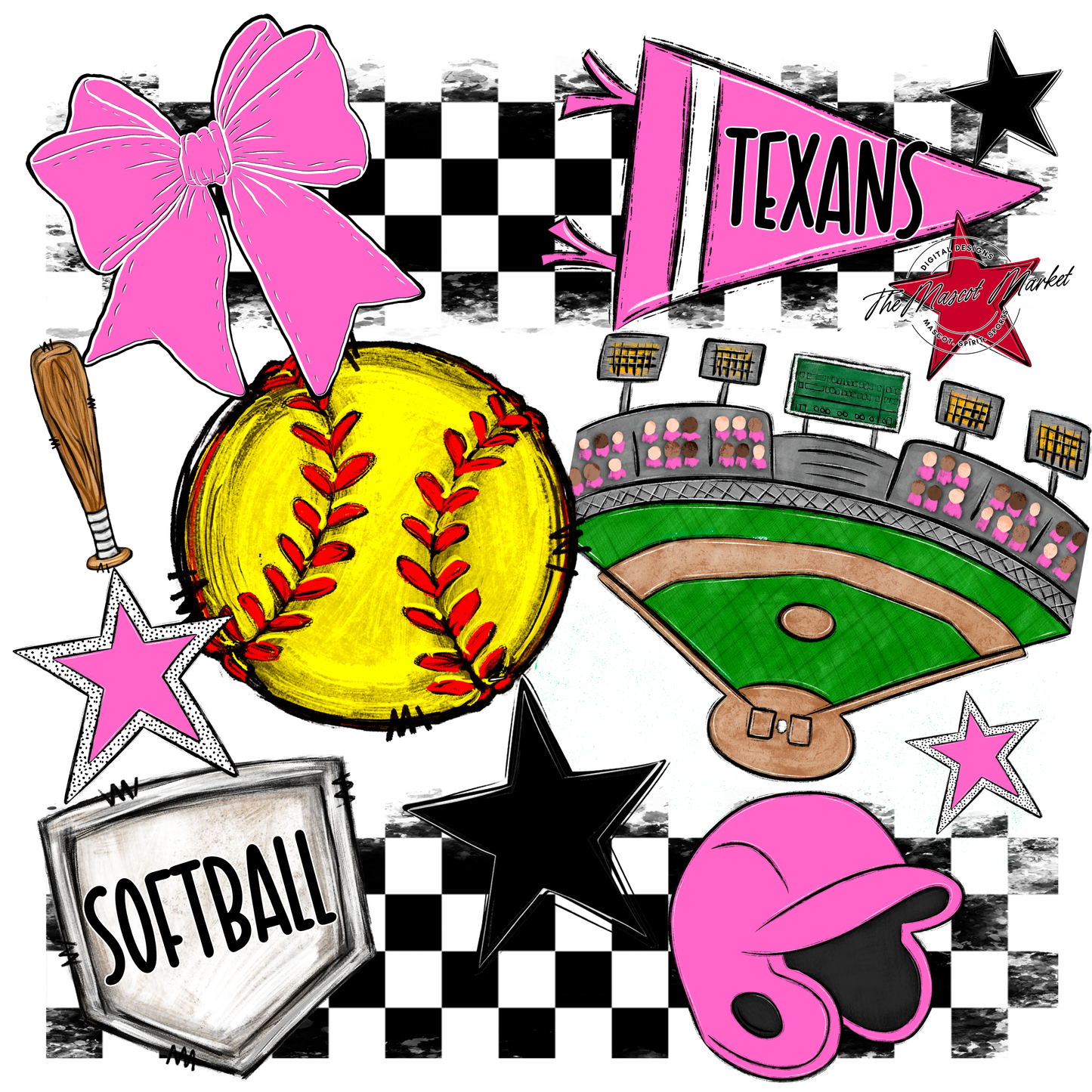 Texans Checkers Softball Spirit Design-Baby Pink