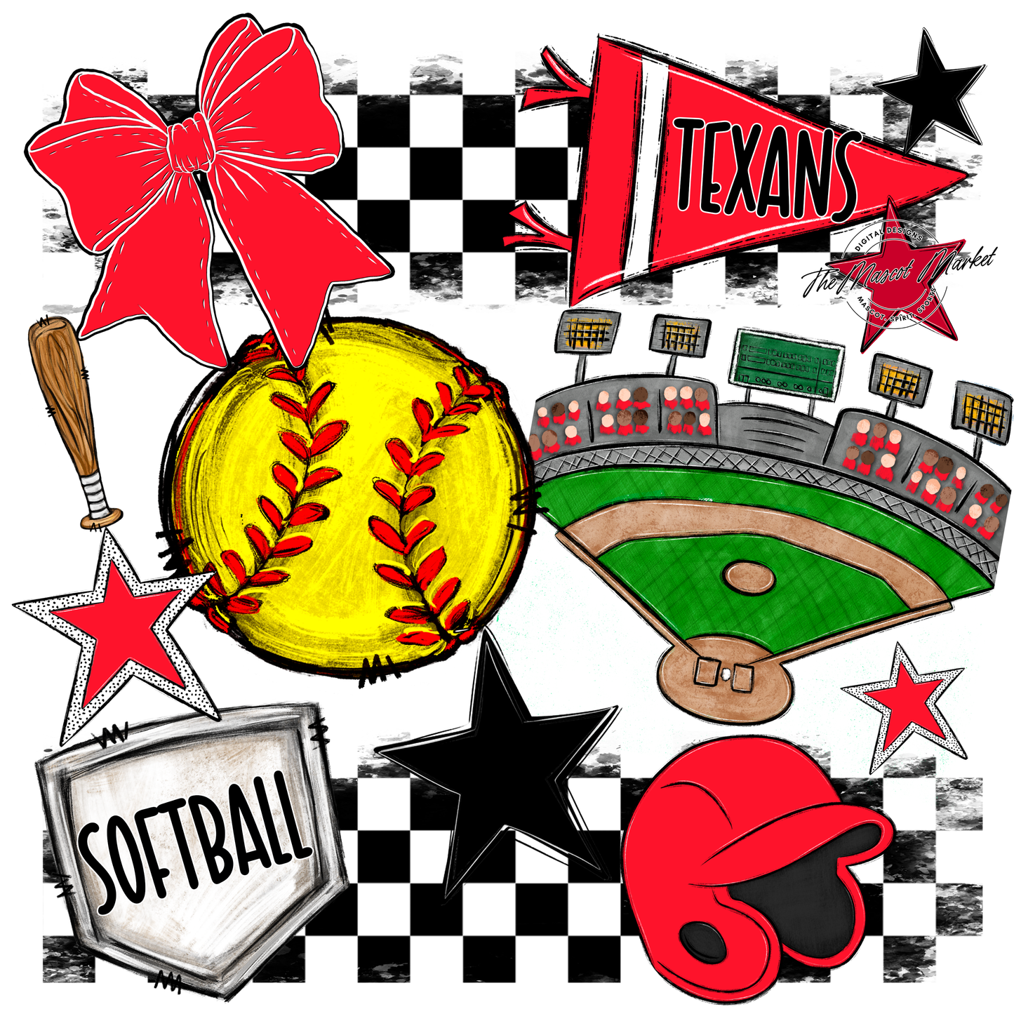 Texans Checkers Softball Spirit Design-Bright Red