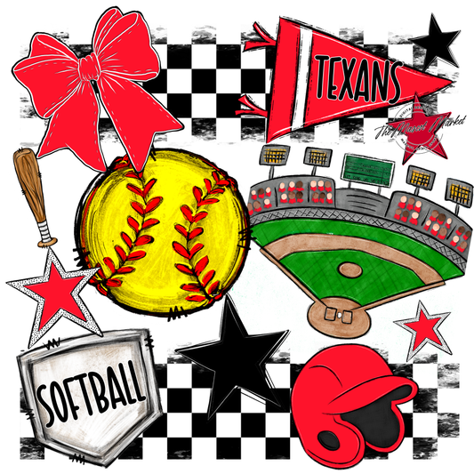 Texans Checkers Softball Spirit Design-Bright Red