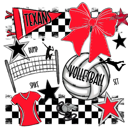 Texans Checkers Volleyball Spirit Design-Bright Red
