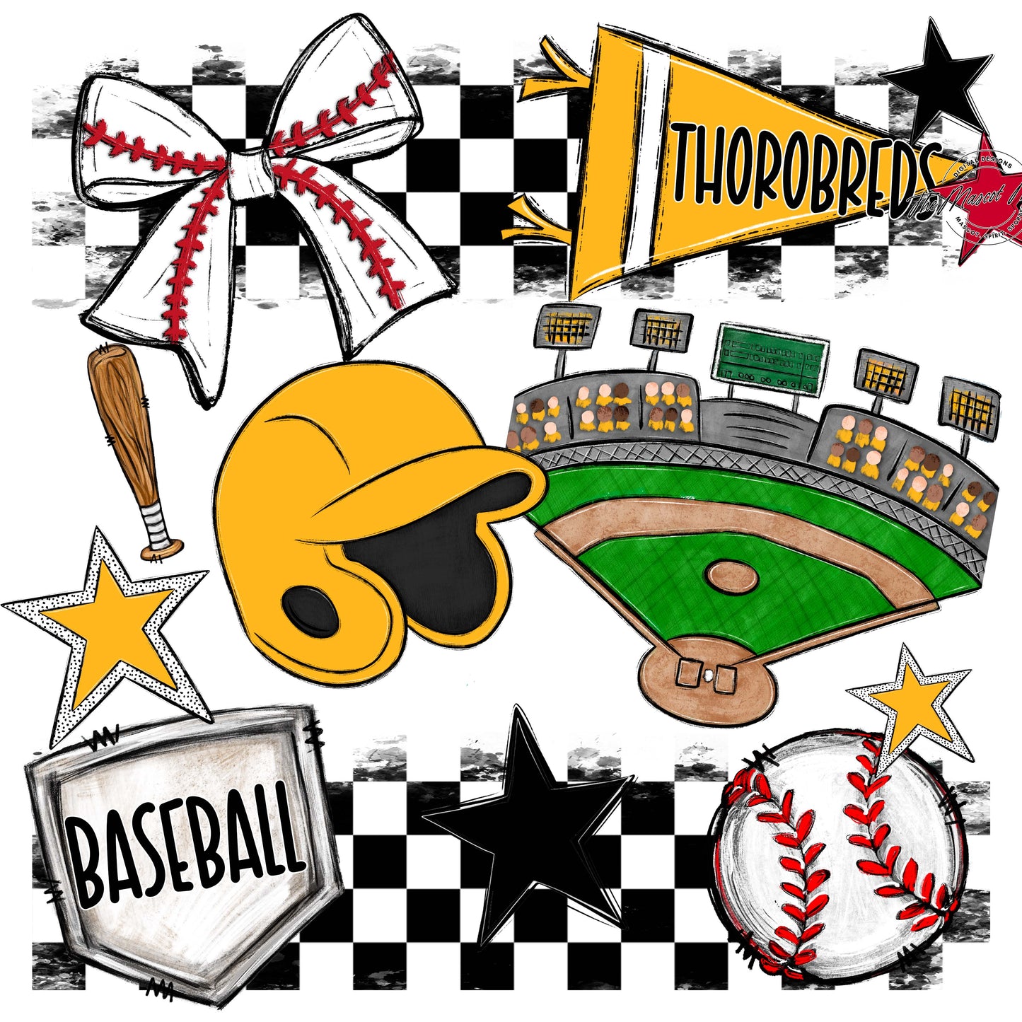 Thorobreds  Baseball Checkers Design-Yellow