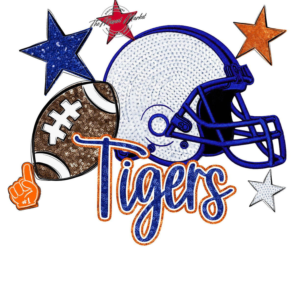 Tigers Football Embroidered Sequins Design-Blue & Orange