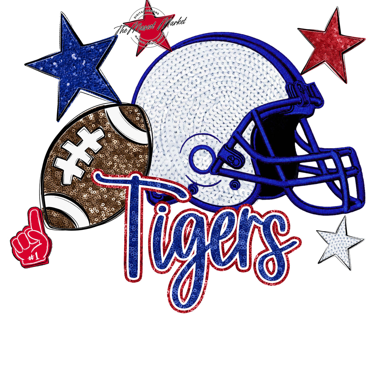 Tigers Football Embroidered Sequins Design-Blue & Red
