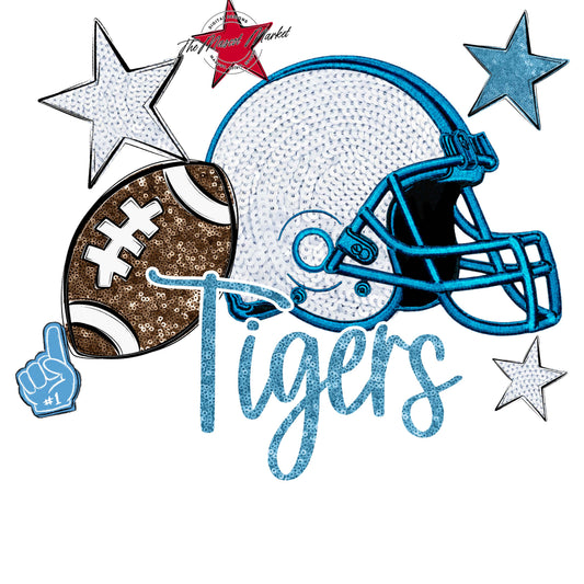 Tigers Football Embroidered Sequins Design-Carolina Blue
