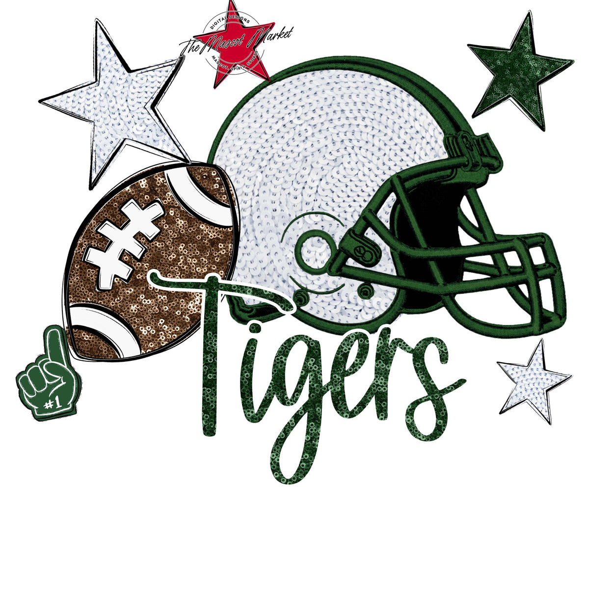 Tigers Football Embroidered Sequins Design-Green