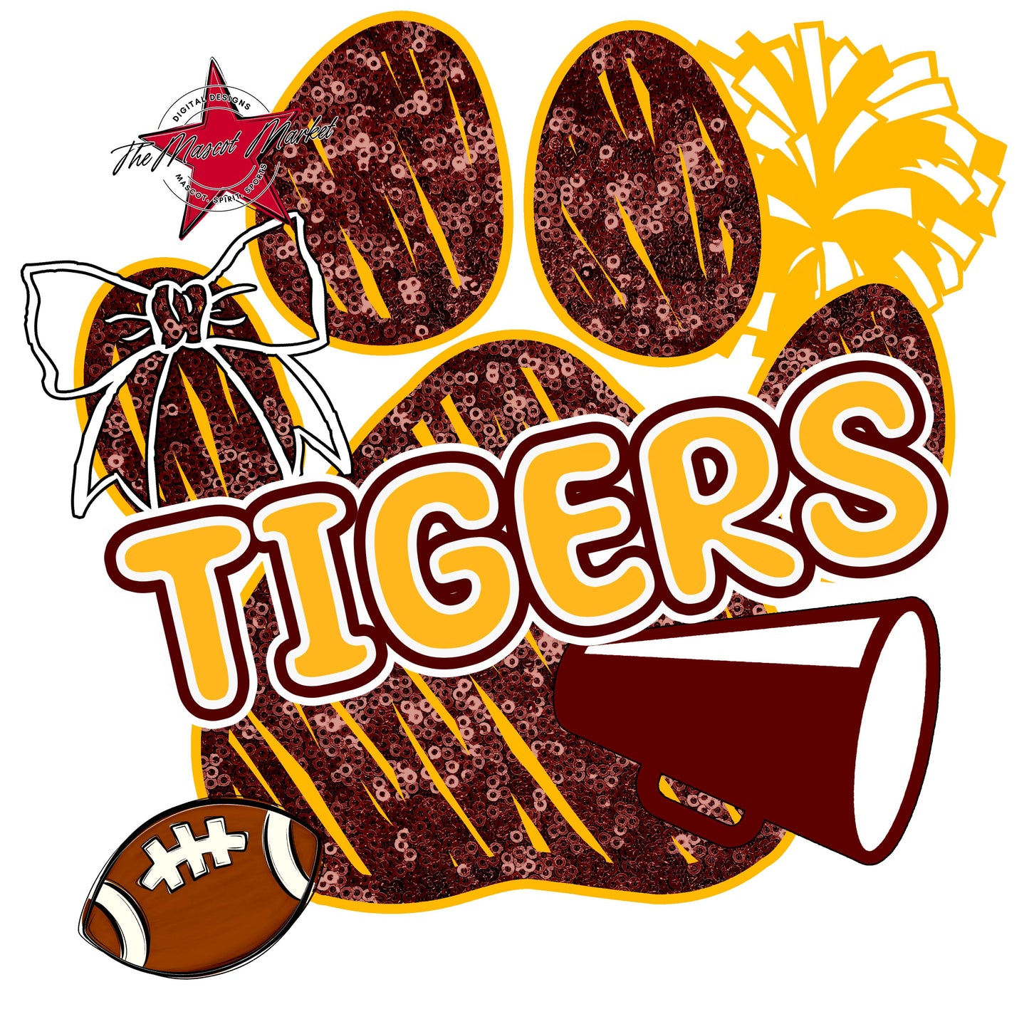 Tigers Sequins Paw Print Design-Maroon & Yellow