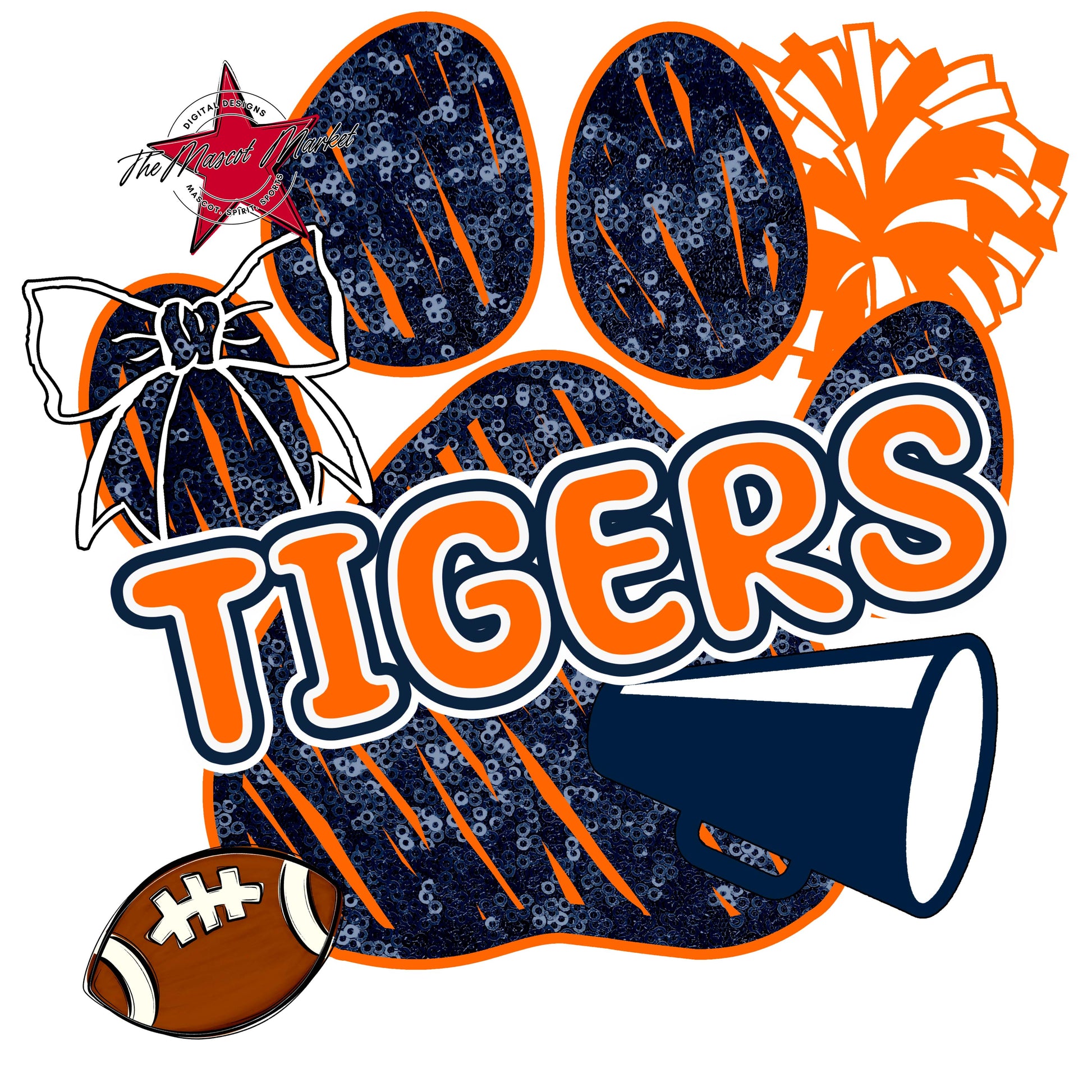 Tigers Sequins Paw Print Design-Navy & Orange