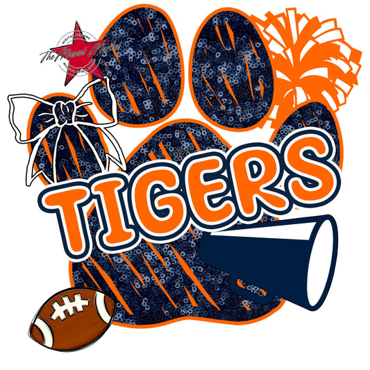Tigers Sequins Paw Print Design-Navy & Orange
