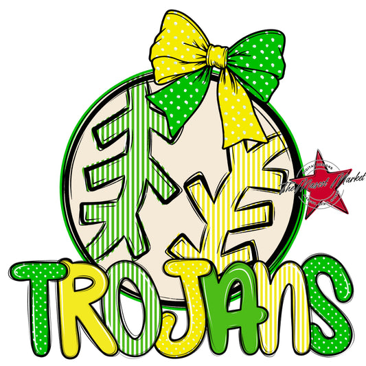 Trojans Baseball-Softball Spirit Design-Bright Green & Bright Yellow