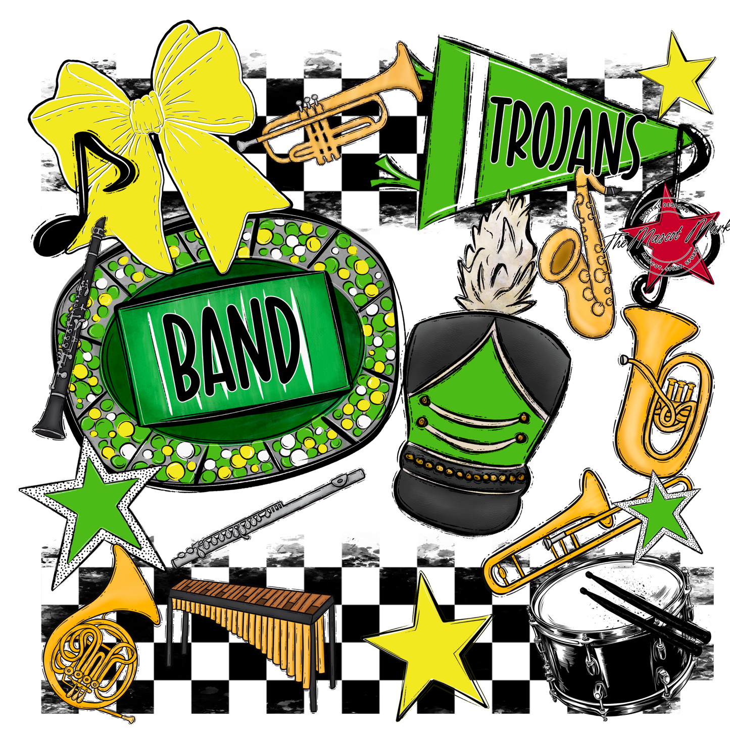 Trojans Checkers Band Spirit Design-Bright Green-Bright Yellow