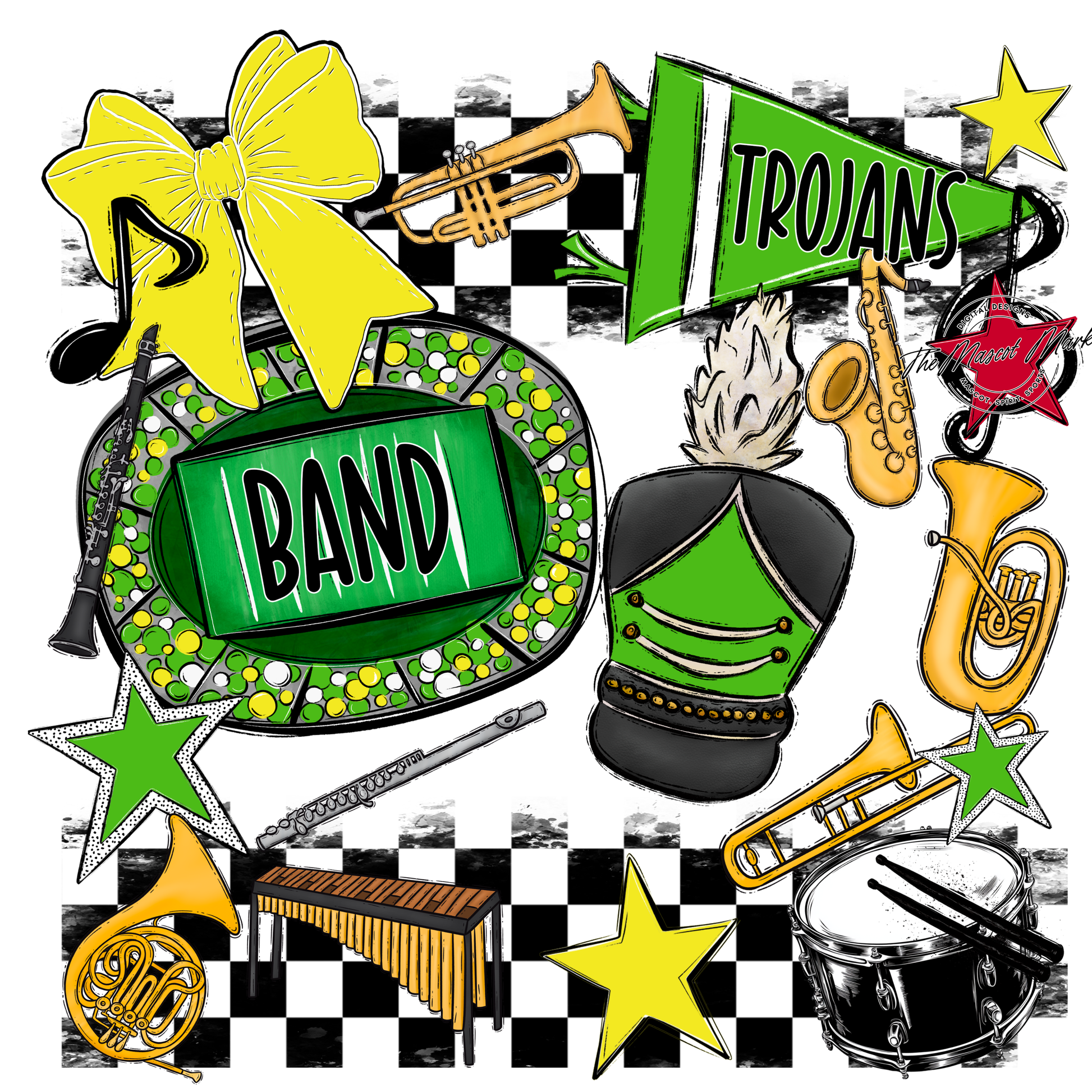 Trojans Checkers Band Spirit Design-Bright Green-Bright Yellow